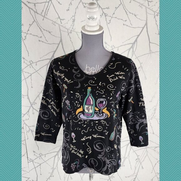 Cactus Bay Wine Bottle Abstract Printed Round Neck Blouse - Picture 1 of 6